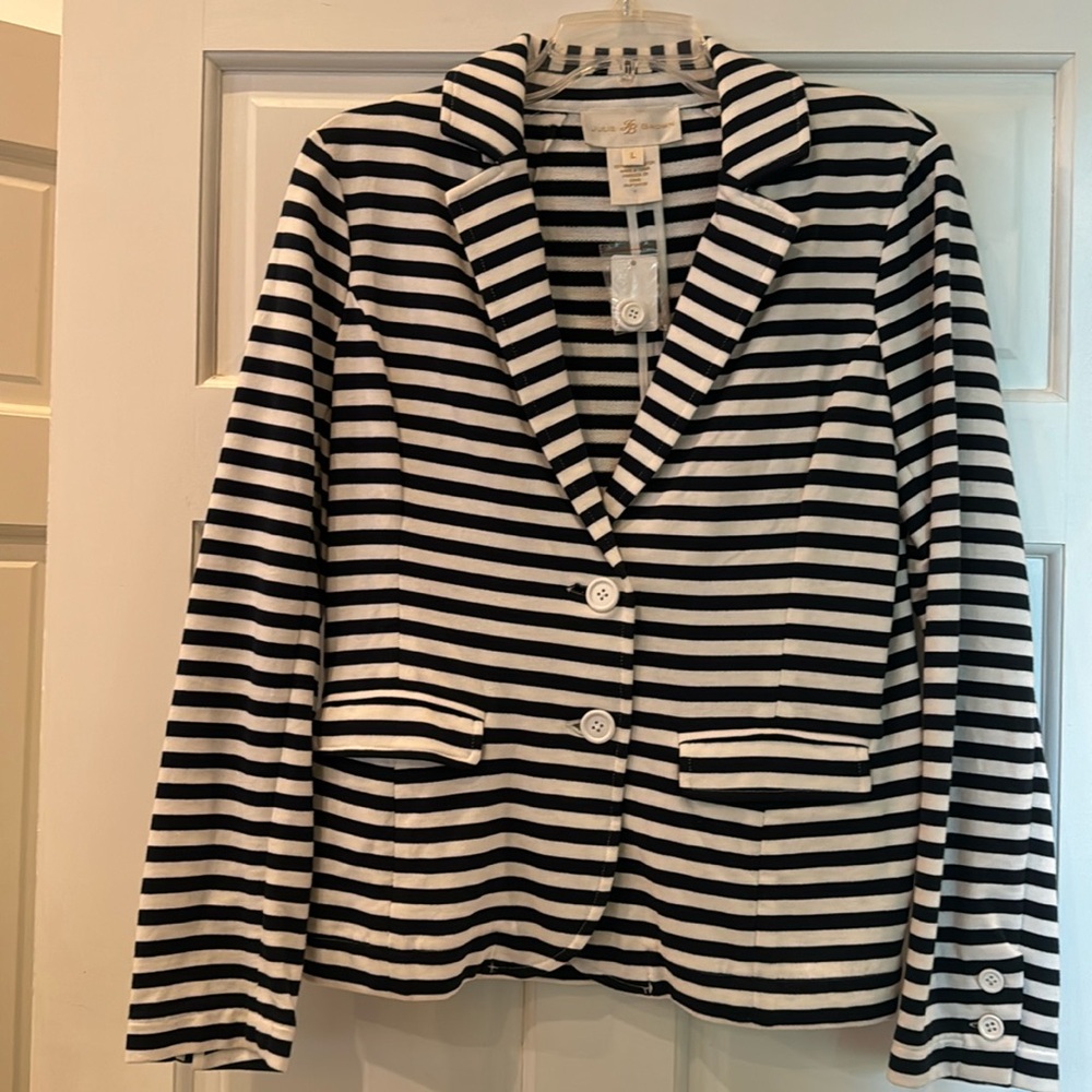 Julie Brown, 100% cotton, navy and white striped jacket, size large BNWT